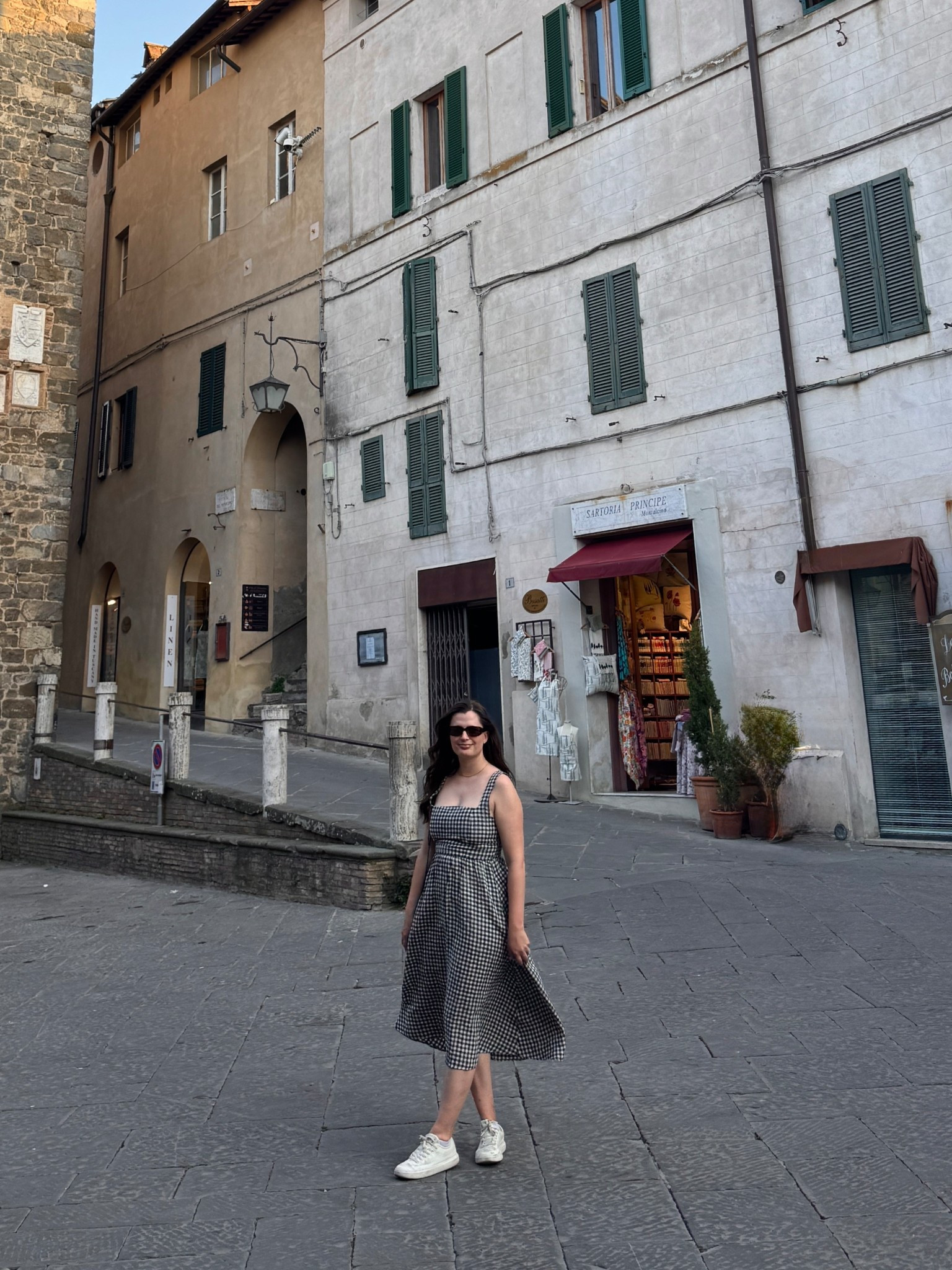 Loved wearing this gingham Quince dress around Tuscany on our trip! Also paired it with my Allbirds canvas sneakers that were perfect for all of the walking that we did  