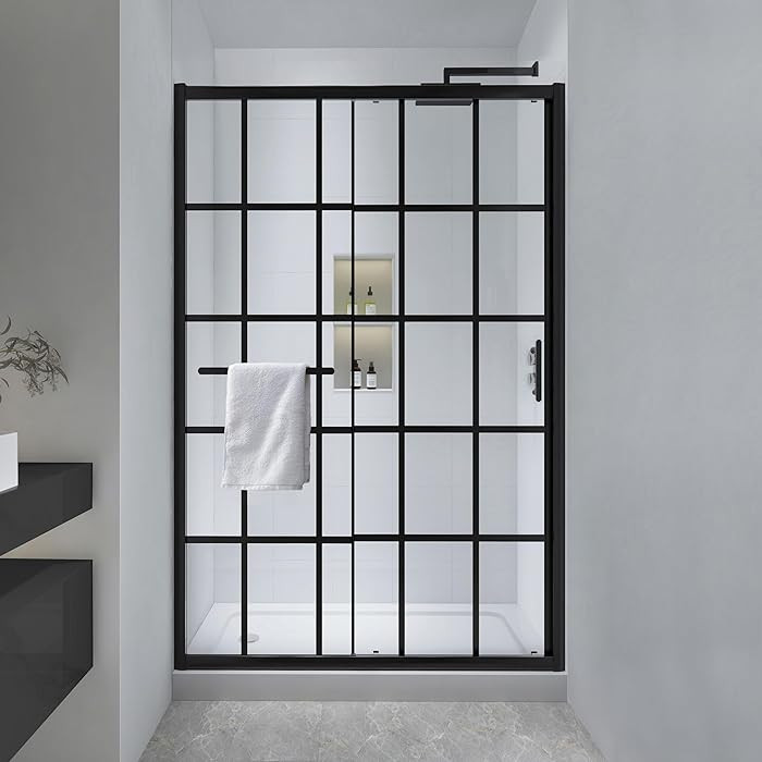 44-48" W x 72" H Framed Grid Pattern Single Sliding Shower Door with 1/4" (6mm) Clear SGCC Temper... | Amazon (US)
