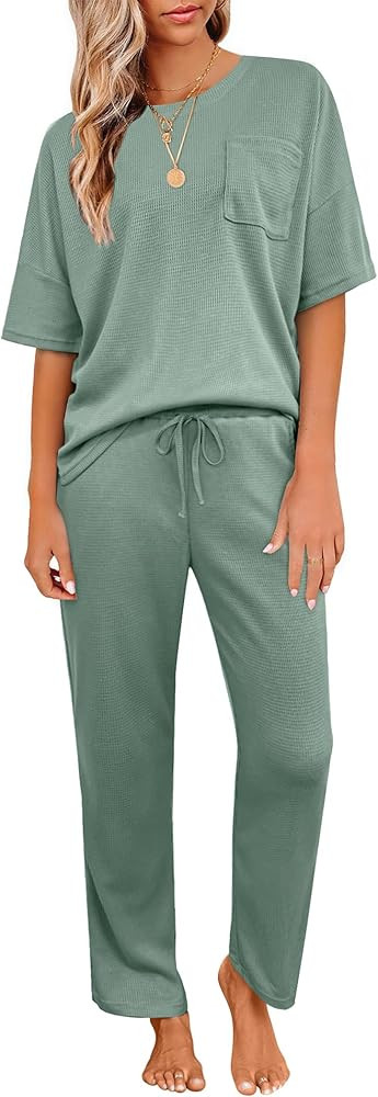 JiniGolla Womens Pajama Sets Waffle Knit Short Sleeve Shirt with Long Pajama Pants Soft Sleepwear... | Amazon (US)