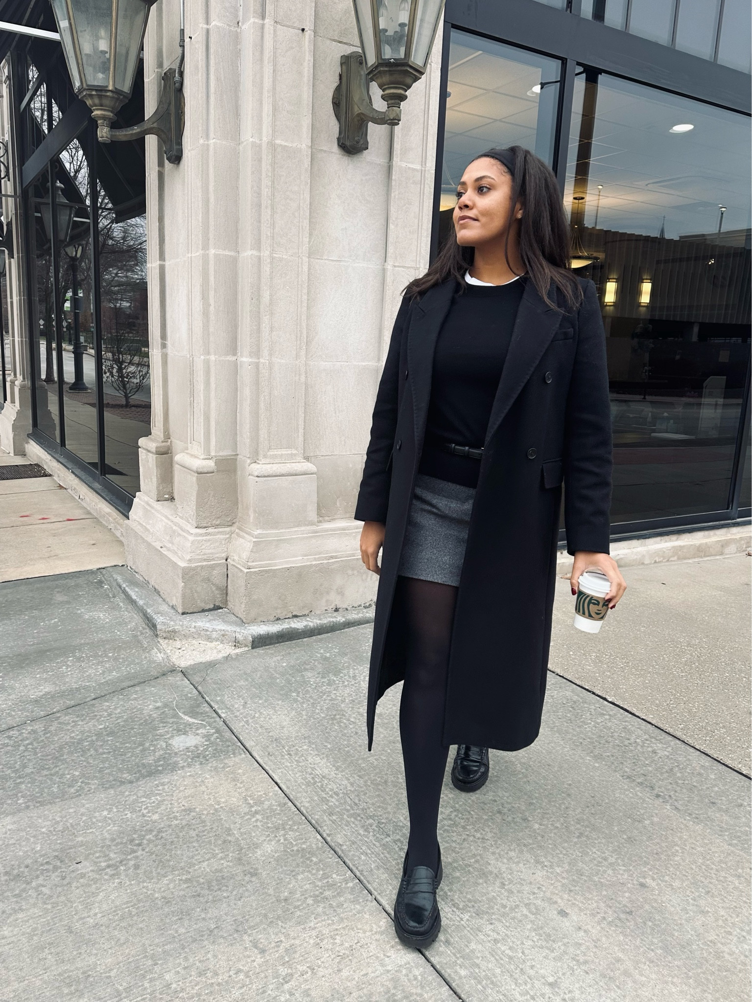 Timeless winter style: Basic white tee, black cashmere crewneck, grey wool mini skirt, black tights, black loafers, skinny black belt with gold hardware #timelessstyle #chicwinteroutfit #woolcoat #minigreywoolskirt #miniskirt #cashmeresweater #basicwhitetee #cos #jcrew 

#LTKstyletip #LTKSeasonal
