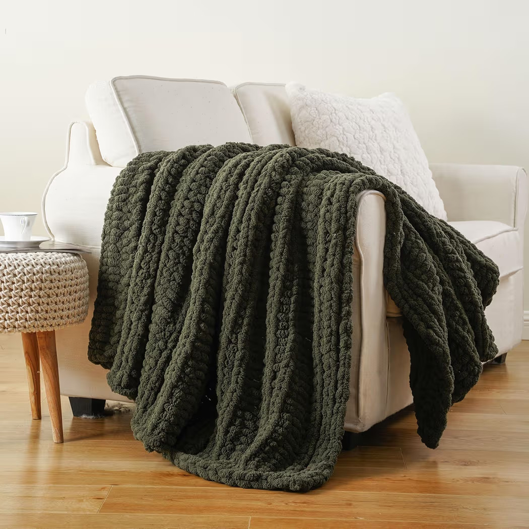 Battilo Chunky Knit Throw Blanket for Couch, Super Soft Warm Cozy Chenille Throw Blanket, Olive G... | Amazon (US)