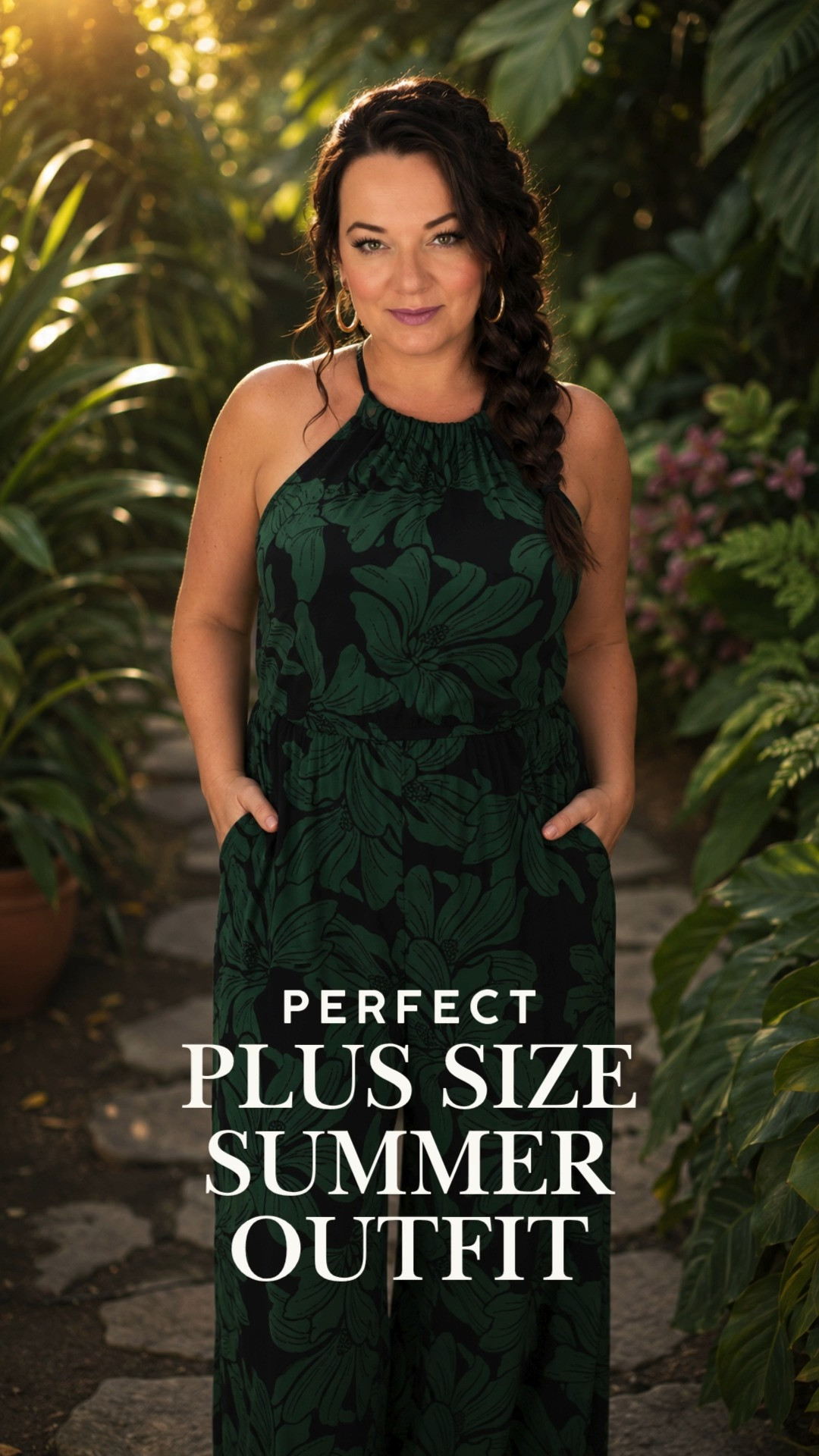 This dark green botanical print halter jumpsuit is the summer outfit you did not know you needed. The bold floral pattern, relaxed fit, and those pockets make it equal parts stylish and practical. It looks stunning against an outdoor backdrop and transitions seamlessly from a summer lunch to an evening out. Plus size fashion that actually feels like you when you want to look put together without overthinking it. 

 #LTKOver40 #LTKPlusSize