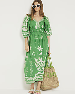 Green floral puff sleeve swing maxi dress | River Island (UK & IE)