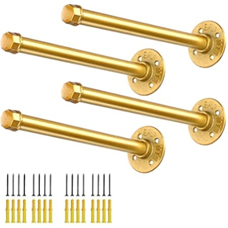 8 Inch Industrial Pipe Clothing Rack, 4 Pcs Gold Shelf Brackets, Wall Mounted Clothes Rack, Heavy Du | Amazon (US)