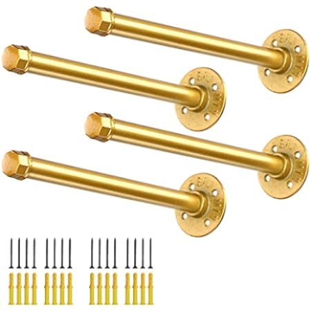 8 Inch Industrial Pipe Clothing Rack, 4 Pcs Gold Shelf Brackets, Wall Mounted Clothes Rack, Heavy Du | Amazon (US)