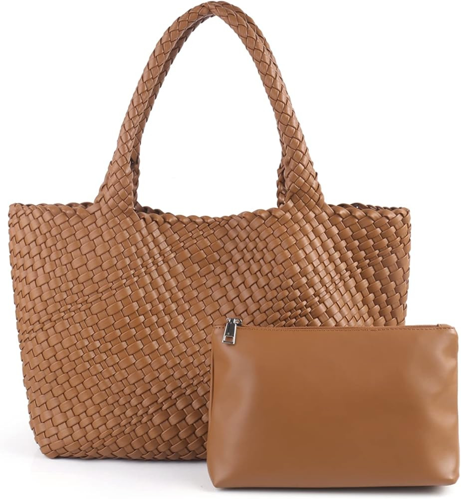 LMKIDS Woven Bag for Women, Vegan Leather Tote Bag Large Summer Beach Travel Handbag and Purse Re... | Amazon (US)