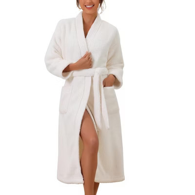 cheibear Women's Fuzzy Fluffy Robe Plush Bathrobe Fleece Winter Warm Thick Self Tie Long Bathrobe for After Shower Spa Bath White X-Large | Target