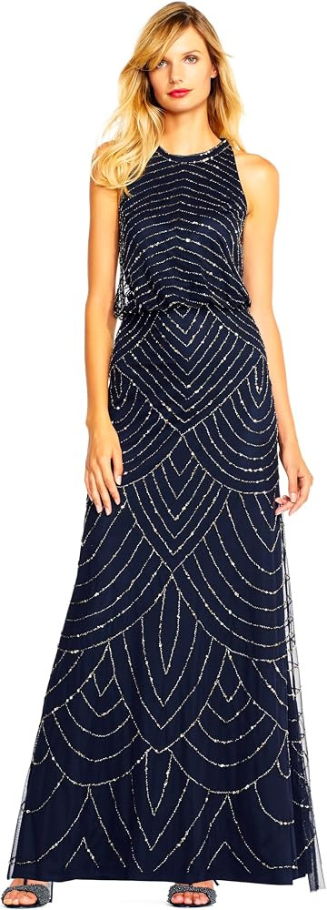 Adrianna Papell Womens Halter Blouson Beaded Gown | Amazon (US)