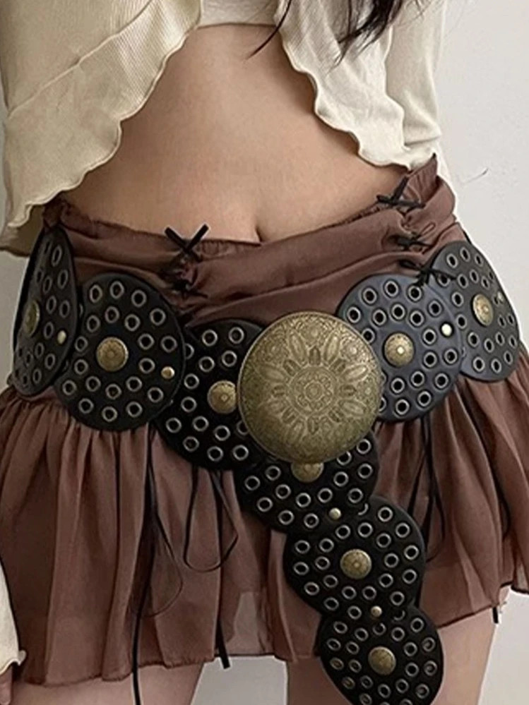 Boho 1pc Pu Women's Black Western Style Hollow Out Metal Round Buckle Belt Halloween | SHEIN