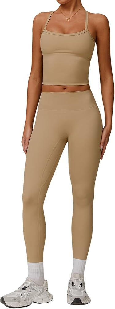 Womens Workout Sets Two Piece Cross Back Tank Top Matching High Waist Leggings Sets Gym Outfits W... | Amazon (US)