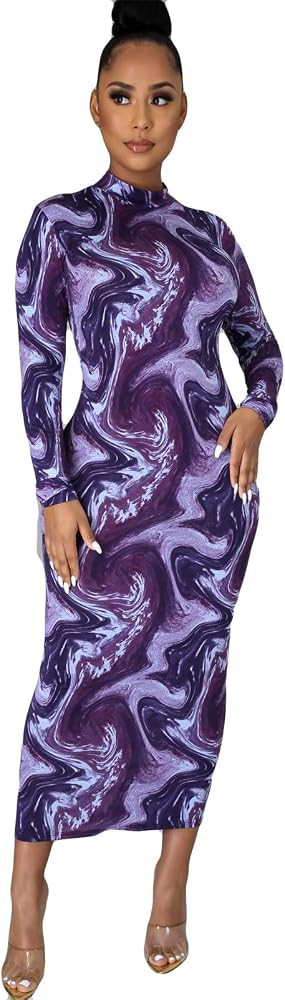 Recious Womens Sexy Long Sleeve Turtleneck Printed Bodycon Party Clubwear Dress | Amazon (US)