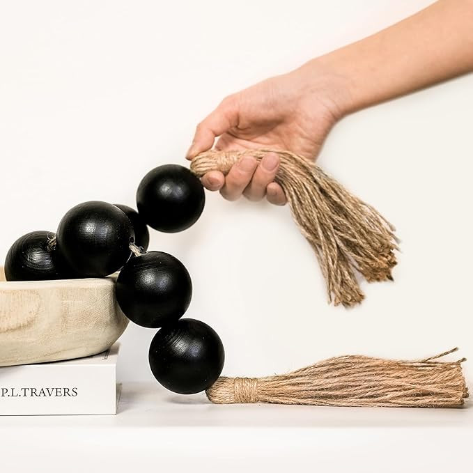 Extra Large Wood Bead Garland with 2" Diameter Wooden Beads, Wooden Beads Garland with Tassels, D... | Amazon (US)