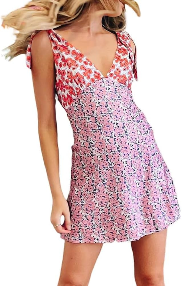 ROAONOCOMO Women Y2K Floral Print Short Dresses Spaghetti Strap A-Line Dresses Retro Backless Sun... | Amazon (US)