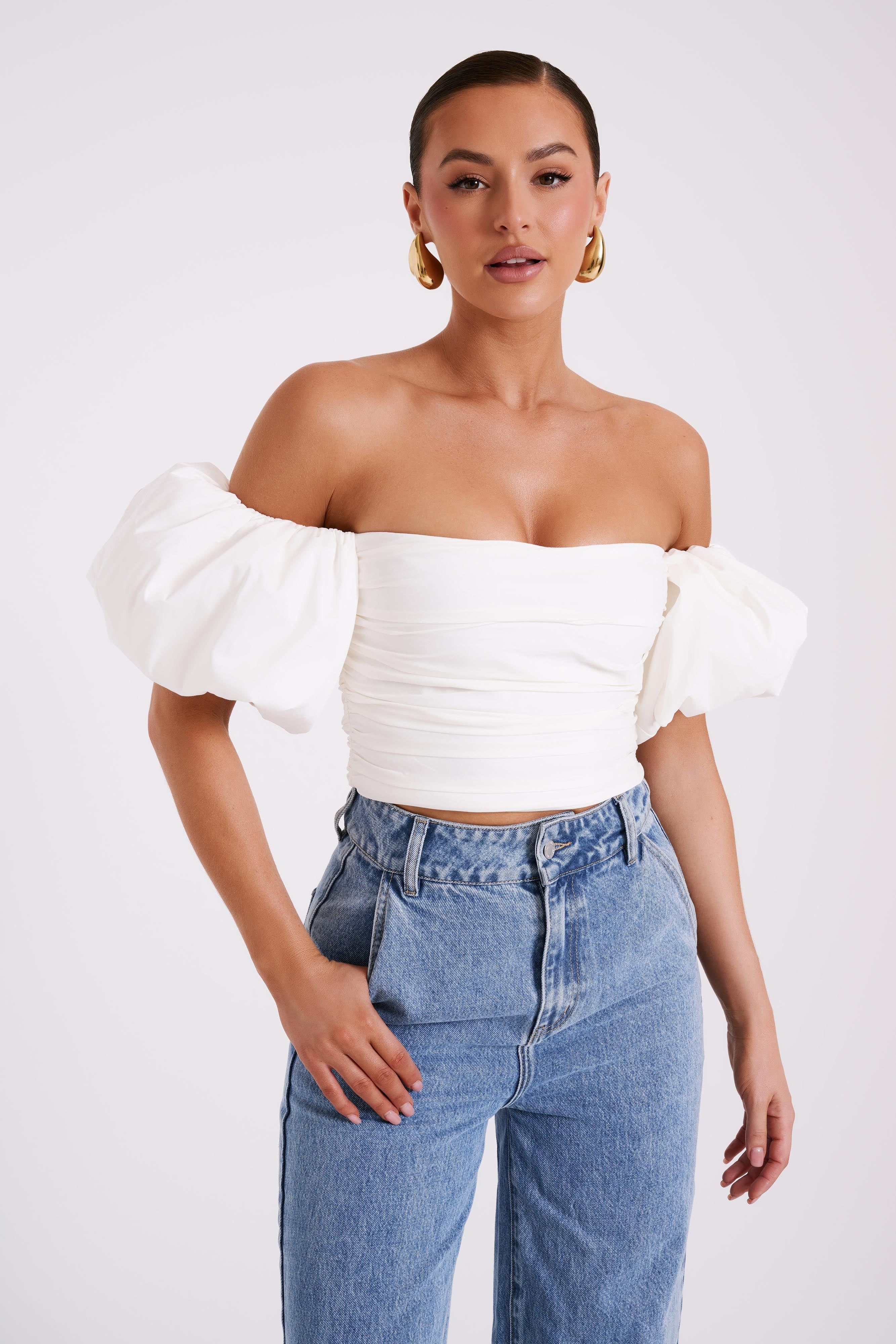 Elidy Princess Sleeve Cotton Top - White | MESHKI US