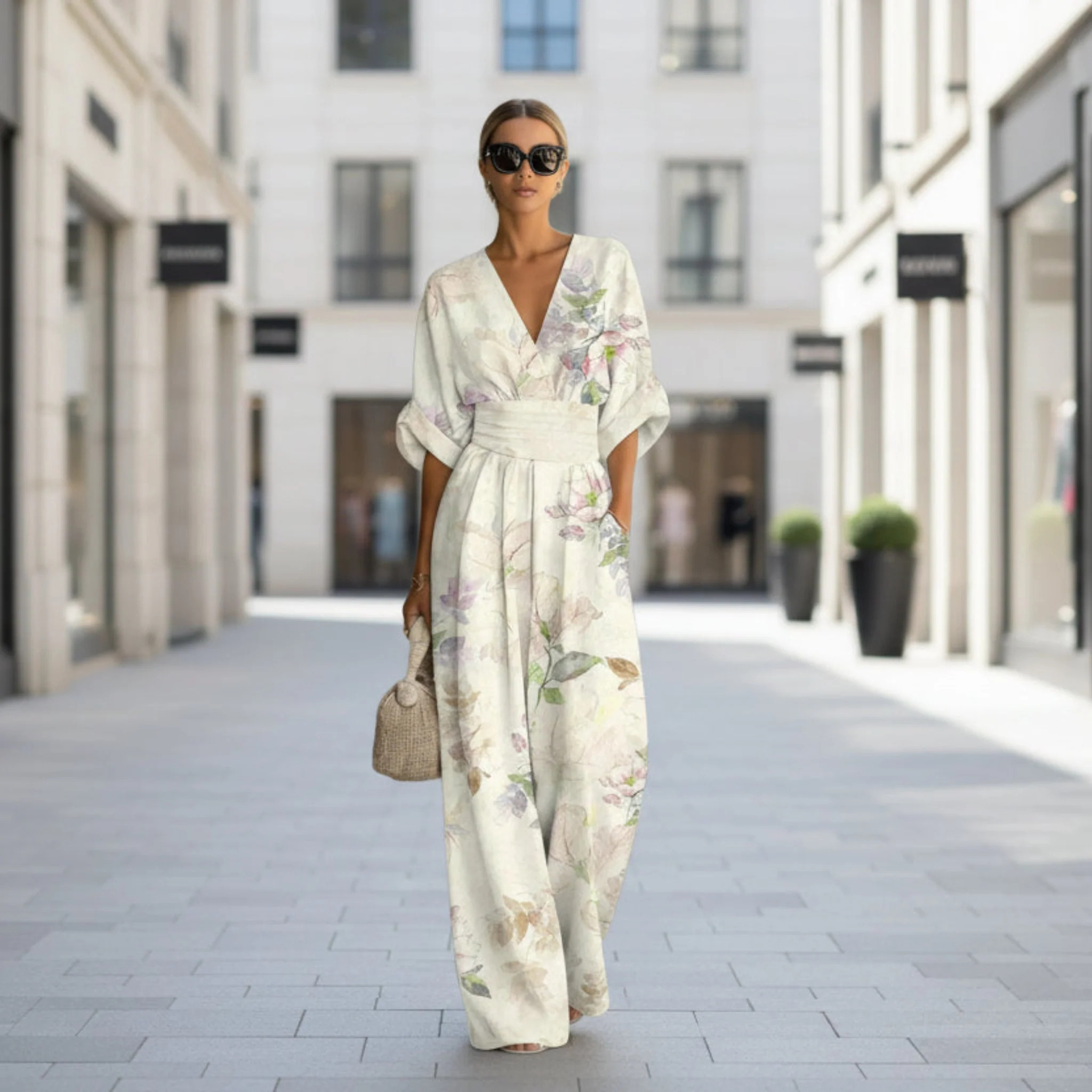 Women's Waist-Cinched V-Neck Printed Wide-Leg Jumpsuit | Zulily