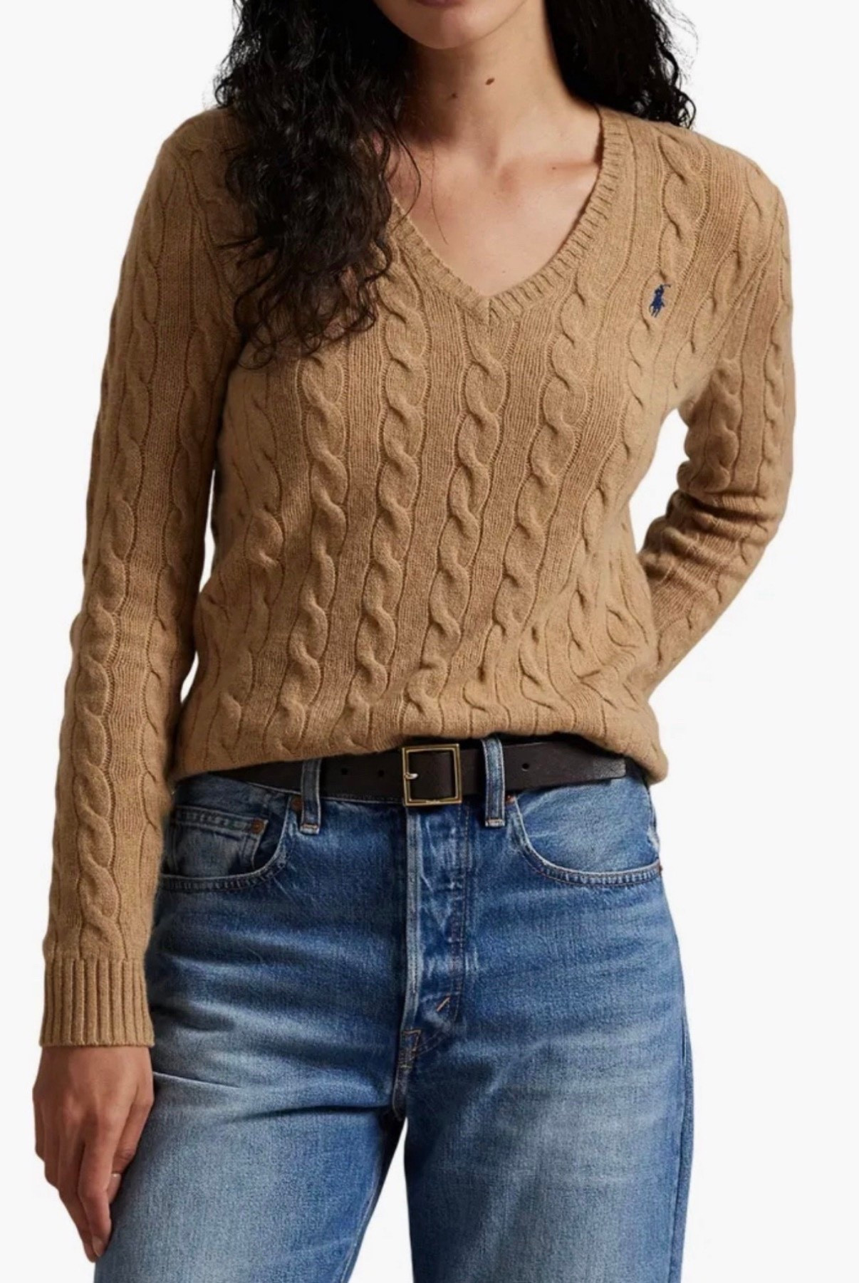 Polo 
V-neck cable knit sweater 
Jeans