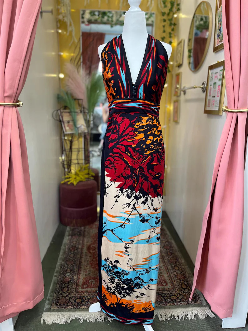 1970s Paganne by Gene Berk Sunset Tree Silhouette Halter Dress, Women\u2019s Size 10 | Etsy (Global)