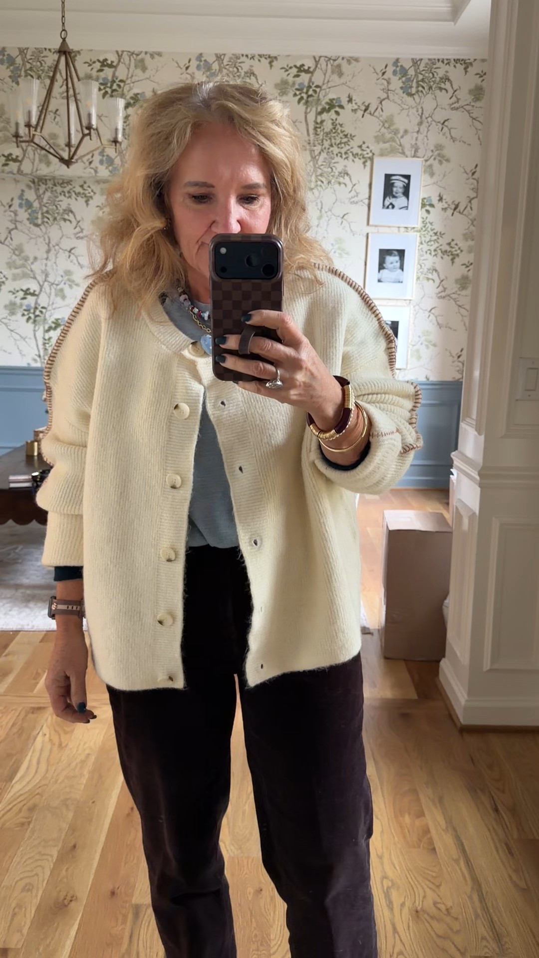 Sweater is quite oversized I’m in a medium you could prob size down 
Size medium in tee 
Medium petite in spanx cords they are on sale 
Sneakers tts 