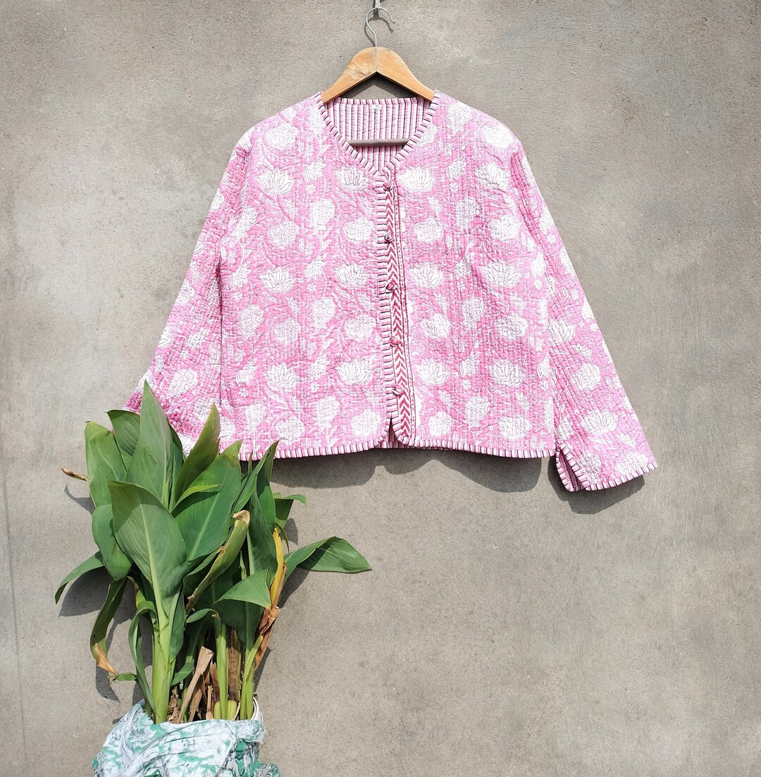 Indian Handblock Print Fabric Quilted Jacket Short Kimono - Etsy | Etsy (US)