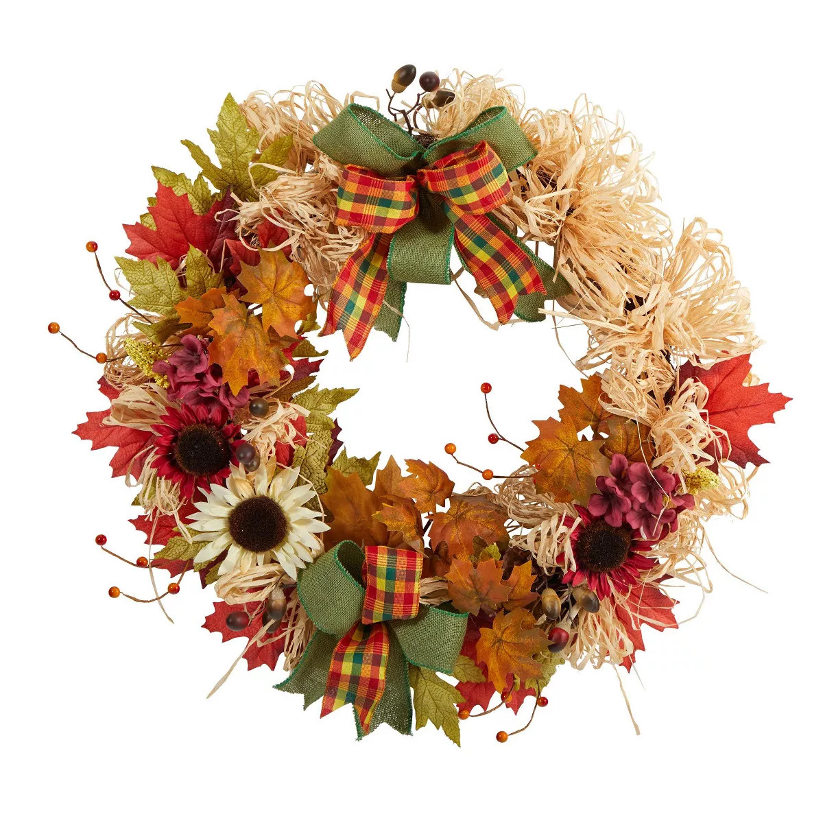 Nearly Natural 30” Harvest Autumn Sunflower, Maple Leaves and Berries Artificial Fall Wreath wi... | Target