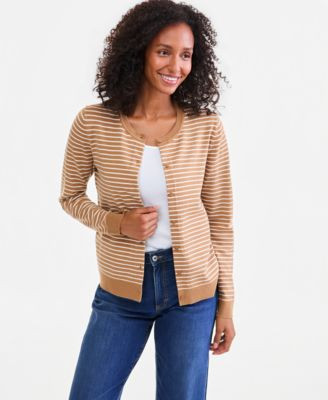 Style & Co Women's Stripe Crew-Neck Button-Down Cardigan Sweater, Macy's Exclusive - Deep Black | Macy's