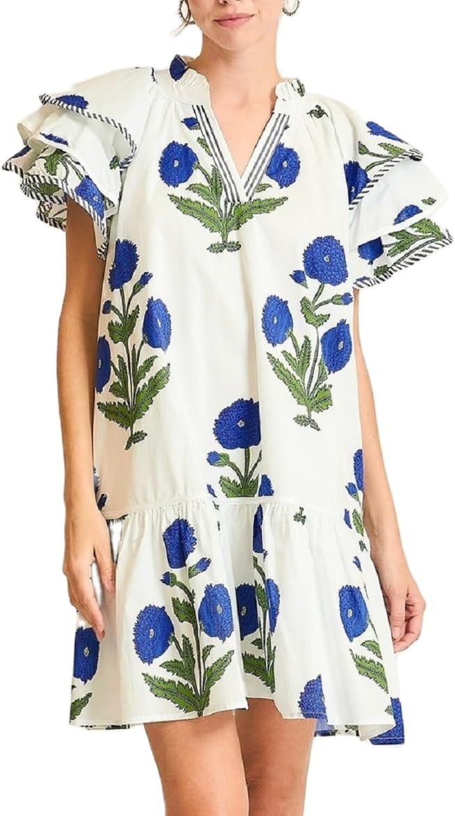 Lordree Women Boho Ruffle Sleeve Mini Dress Summer Trendy Floral Print Short Sleeve V Neck Cute B... | Amazon (US)