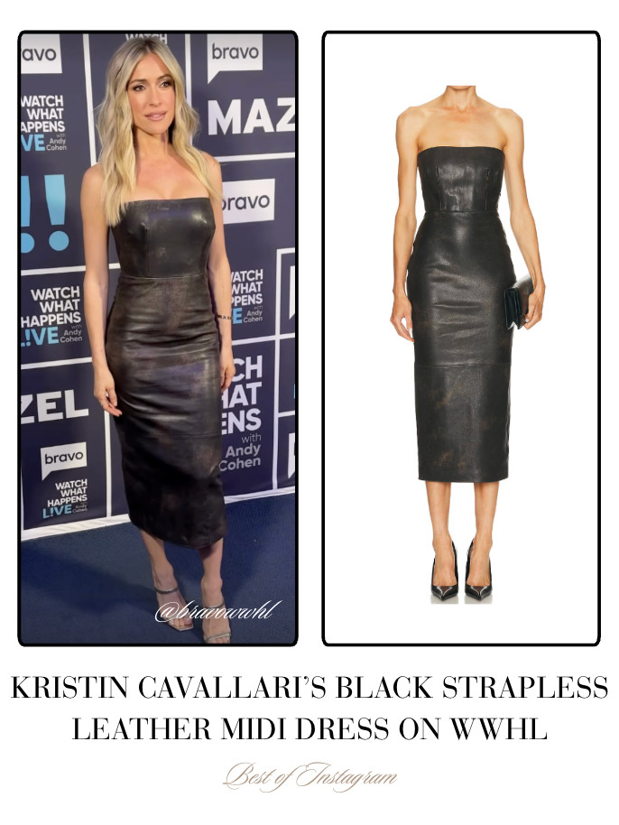 Kristin Cavallari's Black Strapless Leather Midi Dress on #WWHL 📸= @bravowwhl 

 