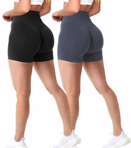 gaimoliso Womens Workout Gym Shorts 2 Pack Seamless High Waist Scrunch Butt Lifting Athletic Yoga Shorts Black/Grey | Amazon (US)