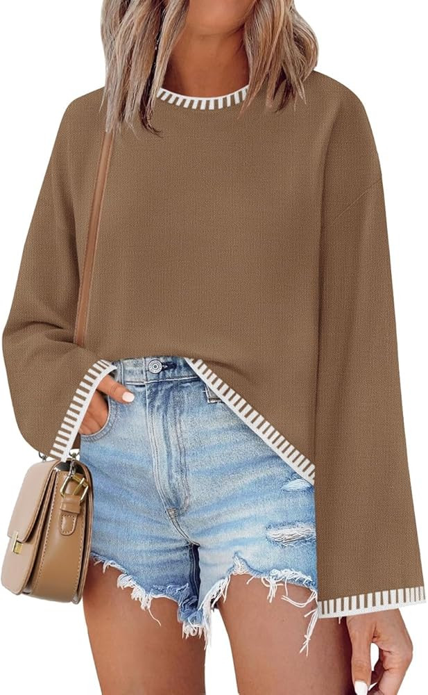 ZESICA Women's Oversized Long Sleeve Sweaters Fall Crewneck Color Block Loose Ribbed Knit Pullove... | Amazon (US)