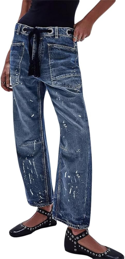 LifeShe Women's Baggy Barrel Jeans Casual Boyfriend Mid Rise Drawstring Wide Leg Denim Pants | Amazon (US)