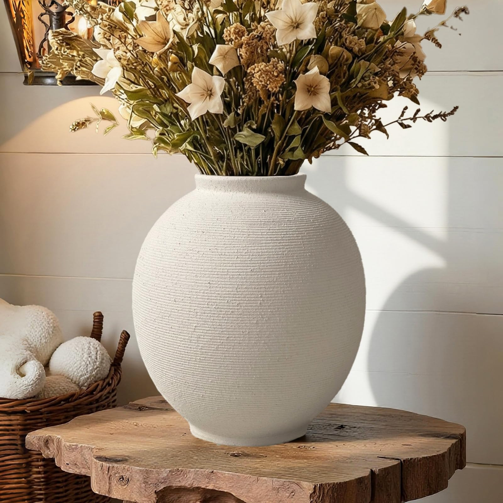 White & Round Ceramic Vase Home Decor, Large Farmhouse Table Vases Rustic Living Room Entrway Kit... | Amazon (US)