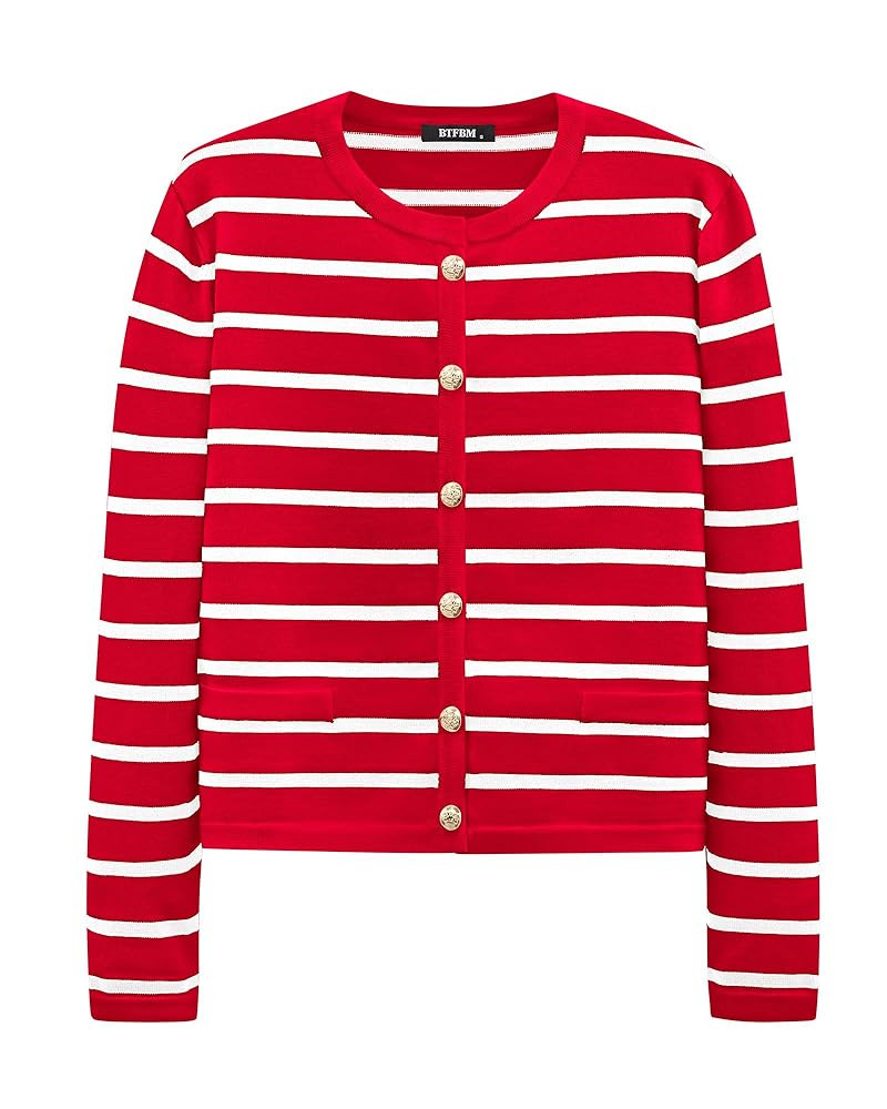 BTFBM Women's Cardigans Sweater 2024 Fall Striped Long Sleeve Button Down Crop Open Front Knit Ou... | Amazon (US)