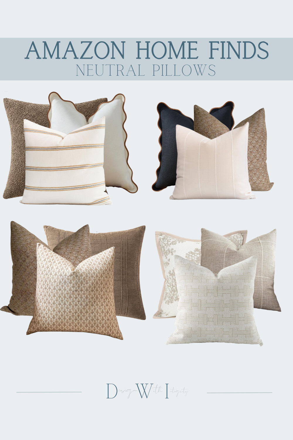 These neutral pillow pairings are all about contrast done thoughtfully. Warm taupes, soft ivories, and deeper espresso tones create a grounded palette, while mixing tailored stripes, subtle geometrics, and textured solids keeps the arrangement visually dynamic. Each pillow plays a role, balancing pattern with quiet moments of texture so the overall look feels layered, cohesive, and timeless.

This is an ideal combination for sofas or beds where you want warmth and depth without overwhelming the space. Shop the full pillow pairing to recreate this effortlessly styled, designer-approved look.

#NeutralDecor #PillowPairings #LayeredInteriors #TimelessStyle #InteriorStyling 

 #LTKHome