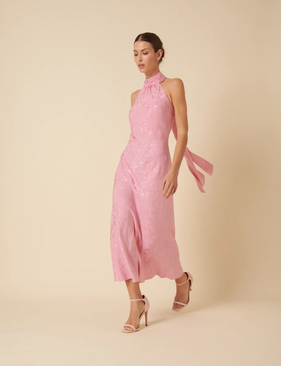 Pink Floral Jacquard Tie Neck Fifi Midi Dress | Nobody's Child