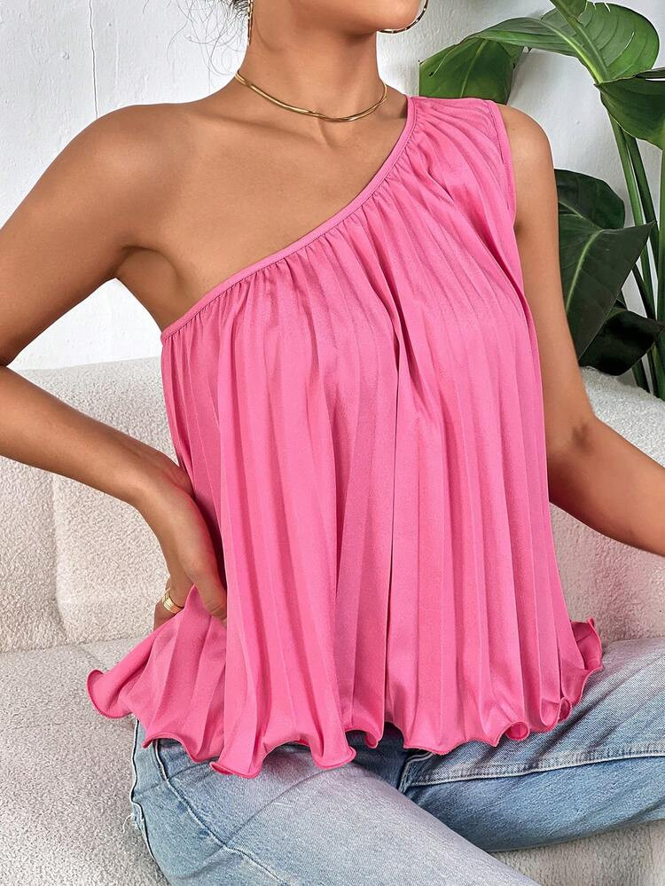SHEIN privé Solid One Shoulder Pleated Detail Lettuce Trim Top | SHEIN