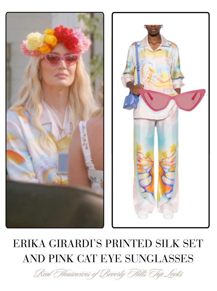 Erika Girardi's Printed Silk Set and Pink Cat Eye Sunglasses 

 