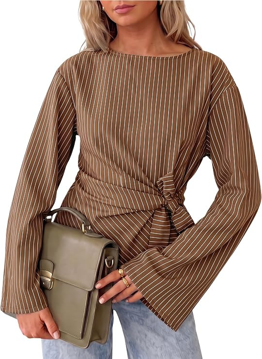 Cicy Bell Womens Cinched Waist Wrap Tops Bell Sleeve Boat Neck Blouse Shirt | Amazon (US)
