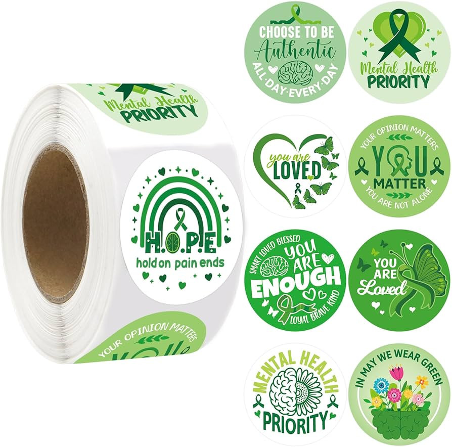 WorldBazaar 500Pcs Mental Health Stickers Roll Green Ribbon Sticker Mental Health Awareness Gifts... | Amazon (US)