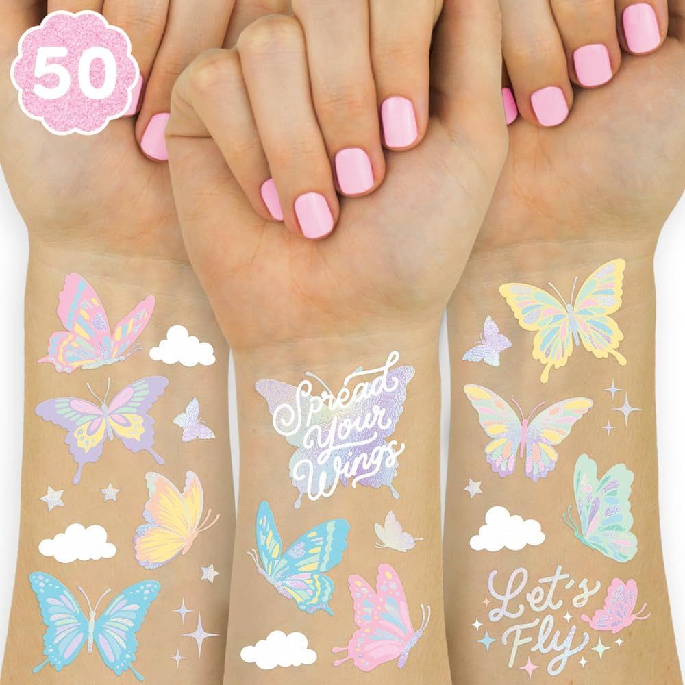 xo, Fetti Pastel Butterfly Temporary Tattoos - 70 Foil Styles | Rainbow Fairy Birthday Party Deco... | Amazon (US)