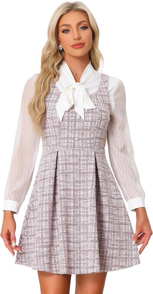 Allegra K Tweed Dress for Women's Pinafore Overall Sleeveless A-Line Plaid Tank Dresses | Amazon (US)