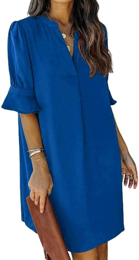 Wkior Shift Dress for Women V Neck Short Sleeves Solid Color Flowy Casual Summer Dresses(S-2XL) | Amazon (US)