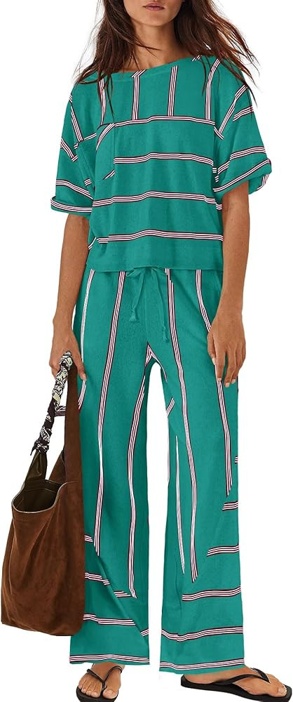 Nirovien Womens Striped Lounge Set 2 Piece Vacation Sets Short Sleeve Tops and Wide Leg Pants Tra... | Amazon (US)