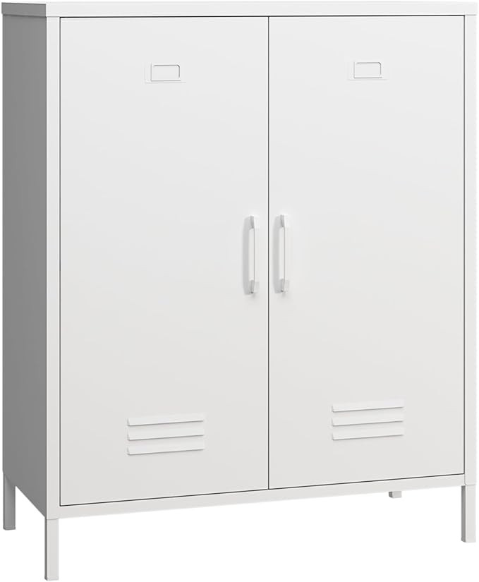 White Metal Storage Cabinet,2 Door Metal Locker with 2 Adjustable Shelves,3 Tier Office Storage C... | Amazon (US)