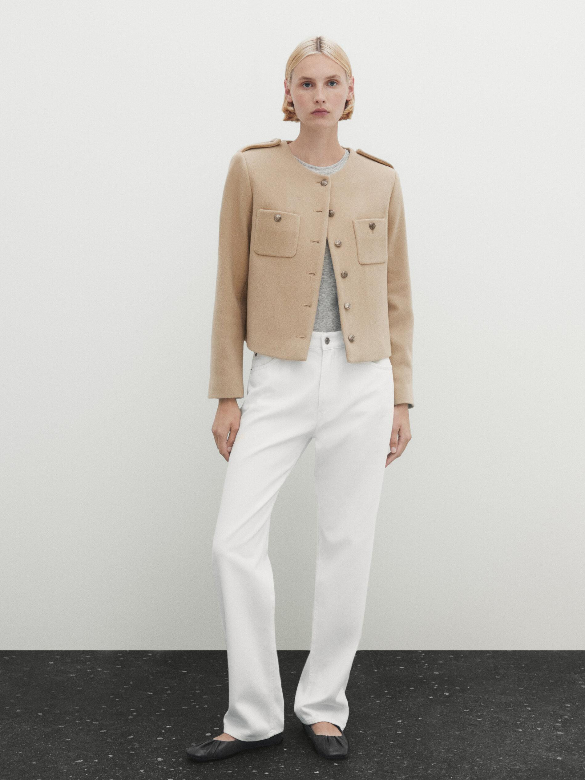 Wool blend cropped jacket with buttons | Massimo Dutti UK