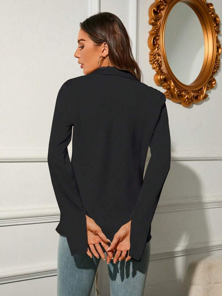 Women's Fashion V-Neck Tie Waist Solid Color Shirt With Bowknot | SHEIN USA | SHEIN