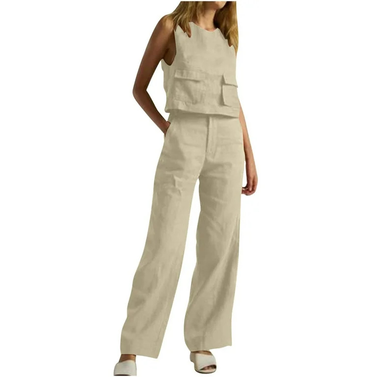 Tracksuits Women Linen Cotton Womens 2 Piece Outfit V Neck Sleeveless Top Cropped Pants Set Loung... | Walmart (US)
