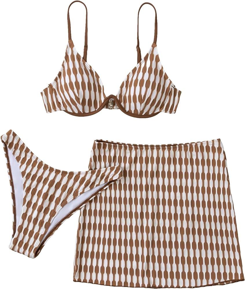 Floerns Women's 3 Piece Bathing Suit Allover Print Swimwear Bikini Swimsuit with Beach Skirt | Amazon (US)