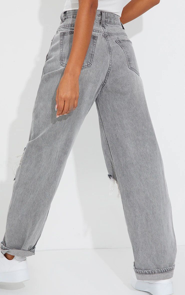 PRETTYLITTLETHING Washed Grey Open Knee Ripped Turn Up Boyfriend Jeans | Pretty Little Thing (Australia & New Zealand)