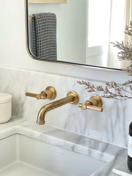 Bathroom sink and brass faucet for primary / master bath, waffle weave towels, brass towel bars, bathroom decor 

#LTKstyletip #LTKhome