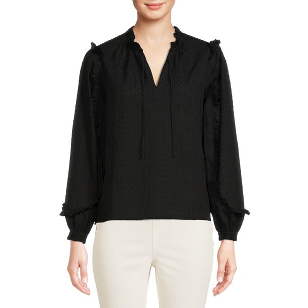 Time and Tru Women's Mixed Print Ruffle Top with Long Sleeves - Walmart.com | Walmart (US)